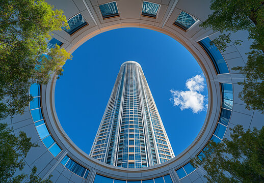 Fototapeta Blue skies and tall buildings seen from below, wide-angle, low-angle perspective, skyscrapers, business district, cityscape, urban architecture, blue sky, office building, corporate skyline, skyscrape