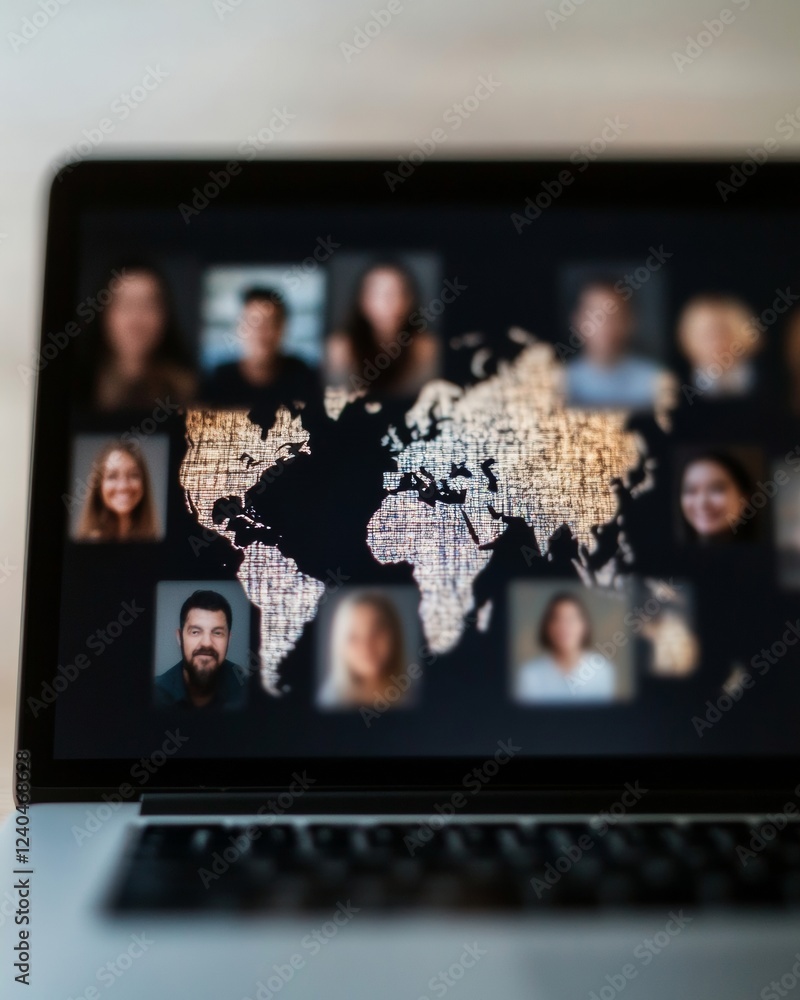Fototapete Global Virtual Networking Interface High-Resolution World Map on Laptop for Digital Collaboration and Remote Work - Enhancing Business Communication and Modern Professional Networking