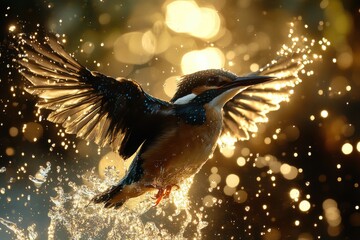 Kingfisher in Flight Capturing the Moment of a Bird Emerging from Water at Sunset