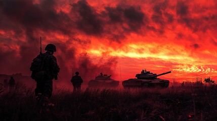  A dramatic, cinematic photograph depicts soldiers and tanks in a field, with a fiery red sky in the background. 