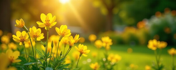 Obraz premium Sunlit garden with bright yellow Spanish Broom flowers, flowers, nature