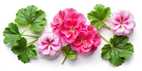 Obraz premium Pink Geranium Flowers & Leaves Isolated on White Background - Summer Garden Banner