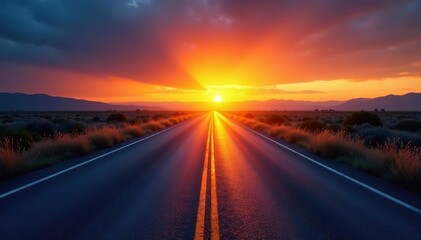 Sunset on a calm road with a single yellow top light illuminated background, asphalt, glow
