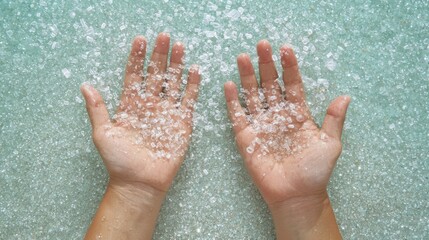 Hands Holding Clear Water Beads Over a Smooth Aqua Surface with Bubbles in a Bright and Tranquil Setting
