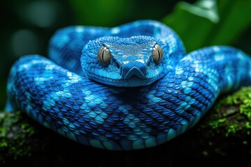 Vibrant Blue Viper Coiled on Mossy Branch in Lush Jungle Environment.