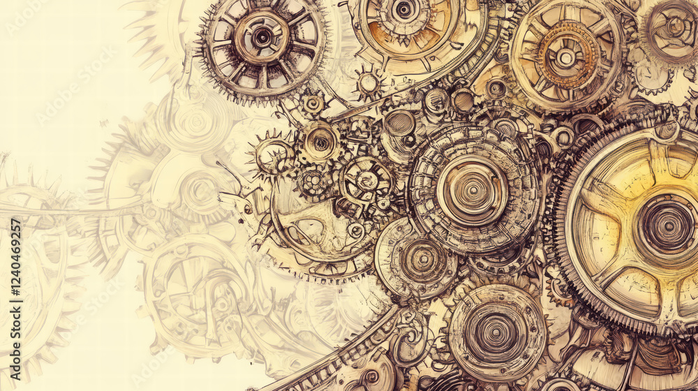 Poster intricate gears and cogs create complex mechanical design, showcasing blend of vintage and modern st