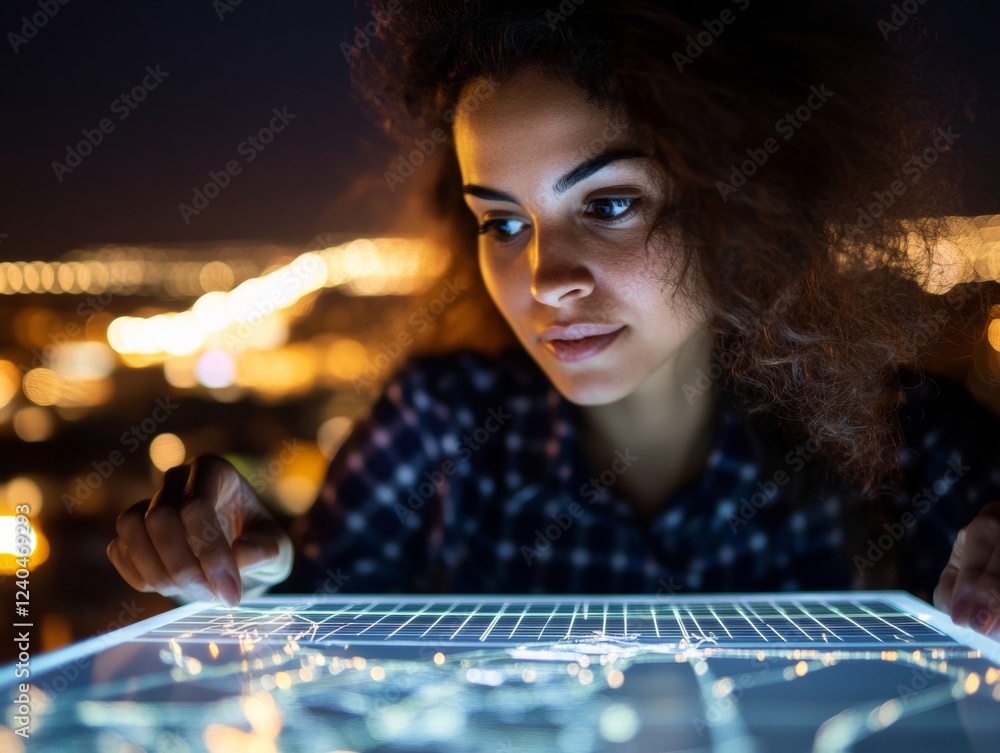 Aufkleber augmented reality interface young woman analyzing digital graphics on interactive glass screen - cut
