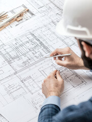 Confident Engineer in Hard Hat Gesturing Forward. A person examining architectural blueprints with a pen in hand, wearing a hard hat.