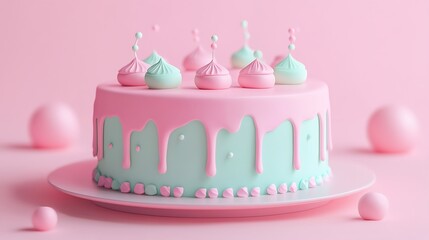 Colorful pastel cake with frosting drips and decorative meringue toppings on a pink background