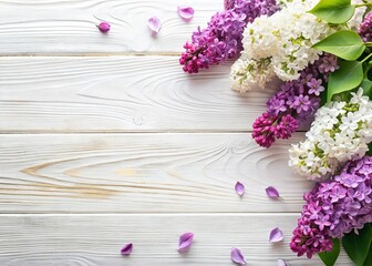 Spring Lilac Flowers Flat Lay: White Wooden Background, Top View