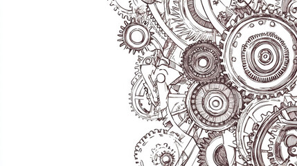 Intricate hand drawn gears and cogs create complex mechanical design, showcasing beauty of engineering and craftsmanship. This illustration captures essence of machinery and innovation