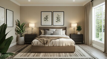 Fototapeta premium A bedroom interior in Mocha Mousse color, soft natural and ambient lighting, minimalist aesthetic.