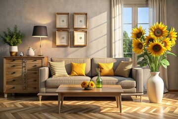 Sunflowers, Sofa, Chest of Drawers: Vibrant Living Room Interior