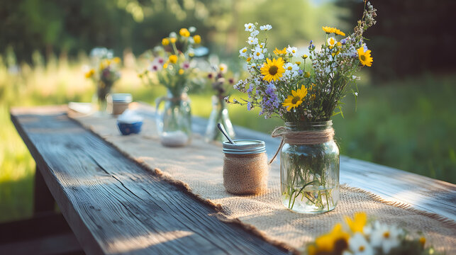 outdoor picnic table with checkered tablecloth, mason jars of lemonade, and a centerpiece of sunflowers  - Powered by Adobe