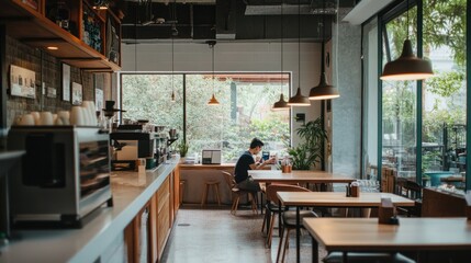 Serene Coffee Shop: A Man Relaxes with a Drink by the Window