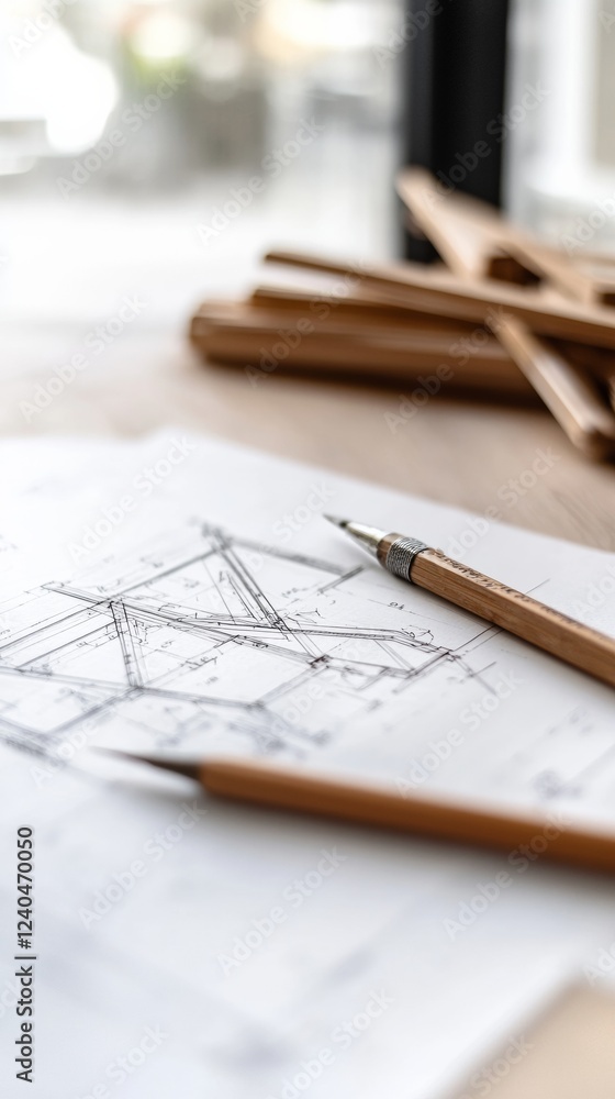 Poster linear precision minimalist architectural tools on detailed blueprint - technical expertise and mode
