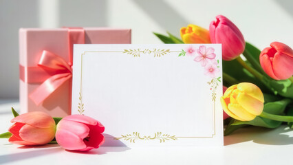 Tulip bouquet gift box greeting or invitation card with empty text place. Appreciation mothers day. Celebration birthday. Hello spring. The International Womens day gift voucher certificate mockup
