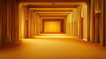 Symmetrical view of a yellow carpeted stage with curtains, framed by warm golden lighting for a cozy feel
