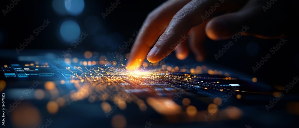 Aufkleber Holographic Touchscreen Display with Futuristic Interface Illuminated Graph on Glossy Surface - Cutting-edge Fintech Solution for Secure Transaction Visuals and Banking Innovation