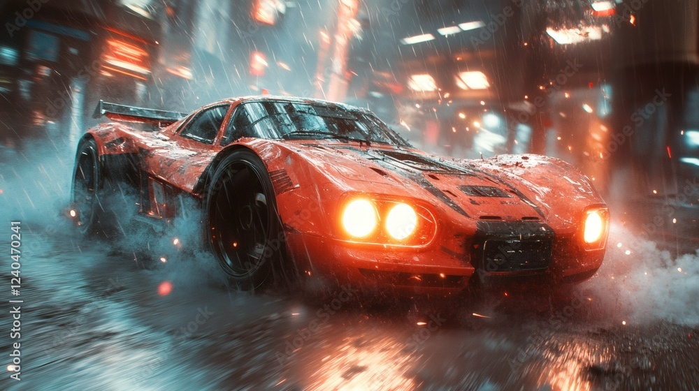 Poster advanced vehicle featuring striking red black design speeding through cloud of debris smoke illumina