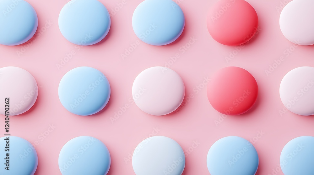 Poster colorful pastel circles arranged in a playful pattern on a soft pink background for creative design 