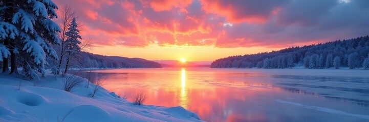 Naklejka premium Frozen lake with a serene winter sunset over the horizon, winter sunset, snow-covered trees, icy landscape