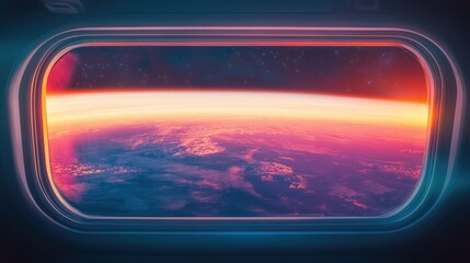 Fototapeta premium The vibrant colors of Earth's atmosphere and landmasses, framed by a sleek futuristic spaceship window