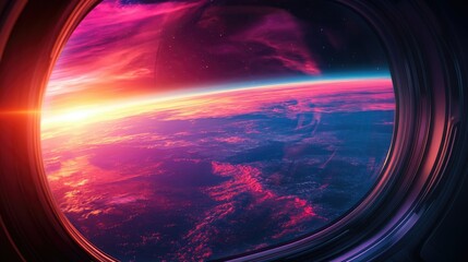 The vibrant colors of Earth's atmosphere and landmasses, framed by a sleek futuristic spaceship window