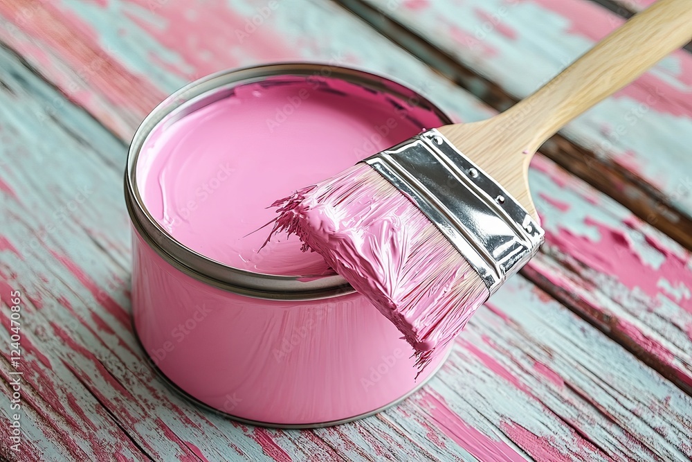 Poster bright pink paint in a can with a brush resting on the edge prepared for application on a weathered 