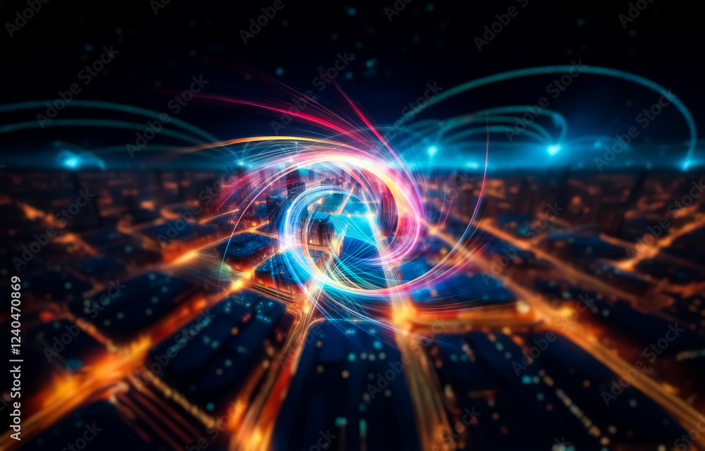 Poster A nighttime view of a futuristic cityscape illuminated by glowing lines connecting buildings and infrastructure.