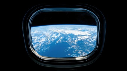Naklejka premium The vivid blue of Earth contrasted with the dark void of space, seen through a spaceship window