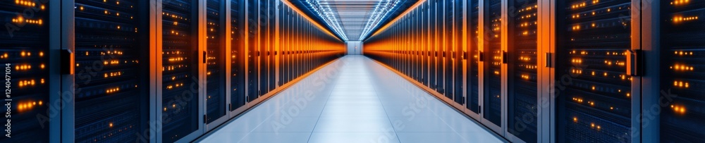 Poster Dynamic LED Data Corridor High-Tech Server Rack Installation with Advanced Cooling - Pioneering Cloud Infrastructure for Agile Business Solutions and Secure Digital Hosting