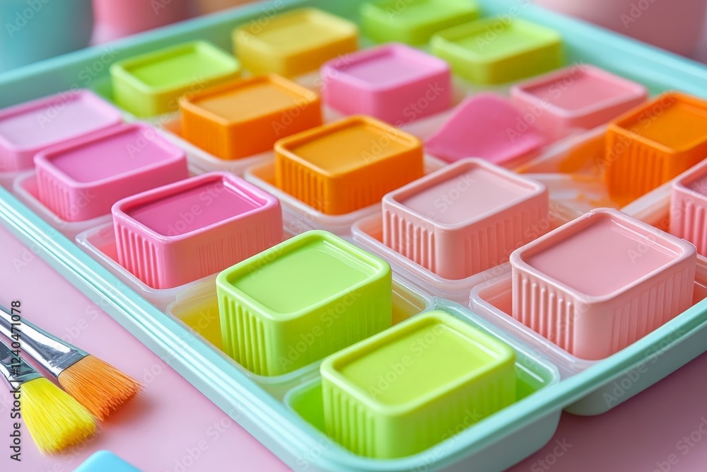Poster colorful paint containers arranged neatly on a pastel tray in a creative workspace with brushes read