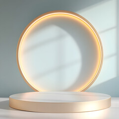 Illuminated White Golden Stage Podium with Glowing Neon Circle and Spotlight, Creating a Luxury Display Scene for Product Advertising, Award Shows, and Elegant Presentations