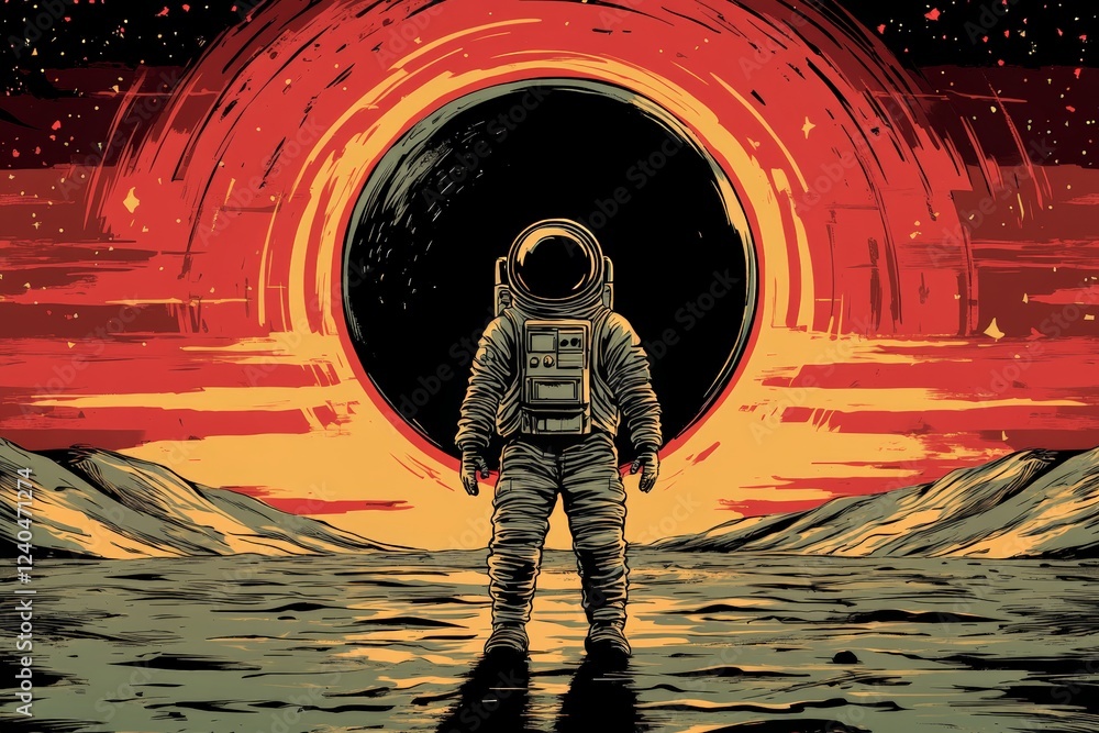 Aufkleber Astronaut standing on a distant planet with a black hole in the background during a twilight sky