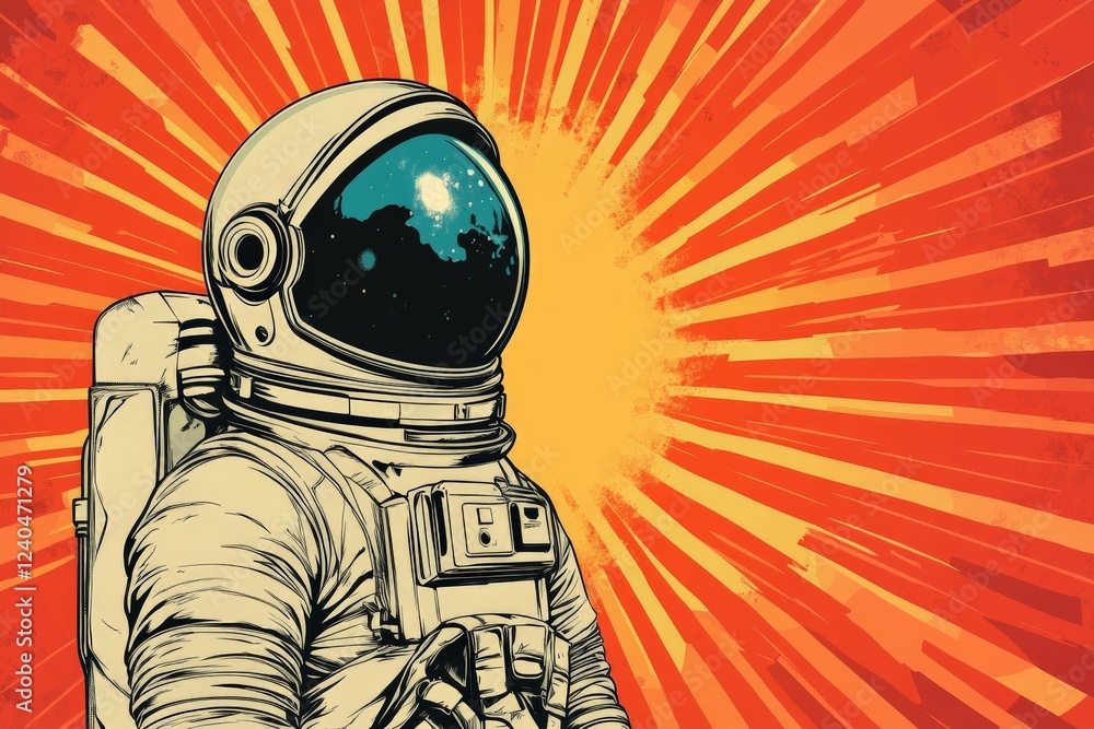 Poster Astronaut in a colorful space scene with rays of light representing cosmic exploration and adventure