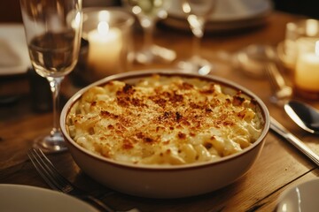 Cozy casserole dish with wine in candlelit setting.