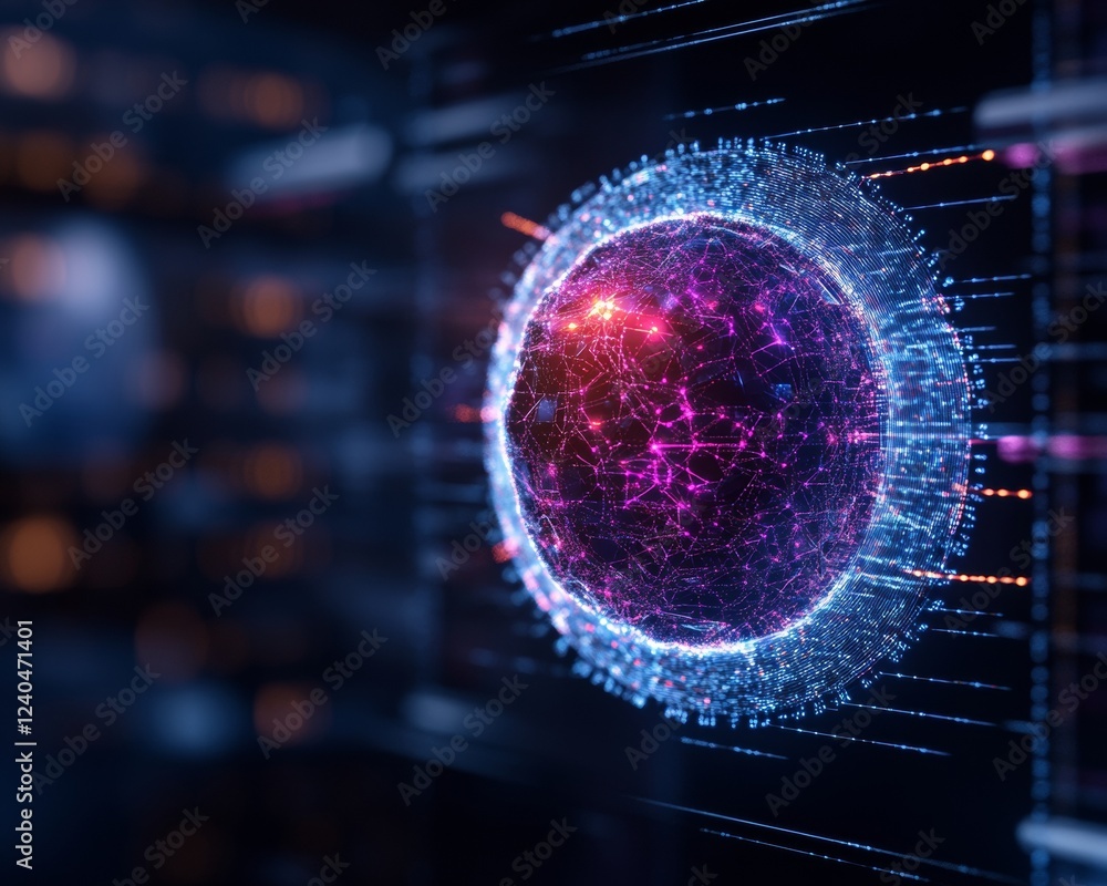 Poster Neon Digital Security Visualization Futuristic Graph with Network Nodes and Shield Emblem - Cybersecurity Tools for Enhanced Digital Defense in Tech Industries