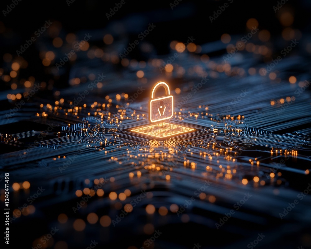 Poster Futuristic Cybersecurity Visualization Glowing Lock Icon on Circuit Board for Data Protection - High-Tech Digital Fortress Design in Modern Business Security and Network Solutions