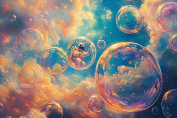 Astronaut floating among colorful bubbles in a vibrant cosmic environment with clouds and celestial hues
