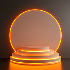 Modern Golden Neon Stage with Circular Pedestal and Spotlight, Designed for Product Showcase, Award Ceremonies, Elegant Advertising Displays, and High-End Event Presentations