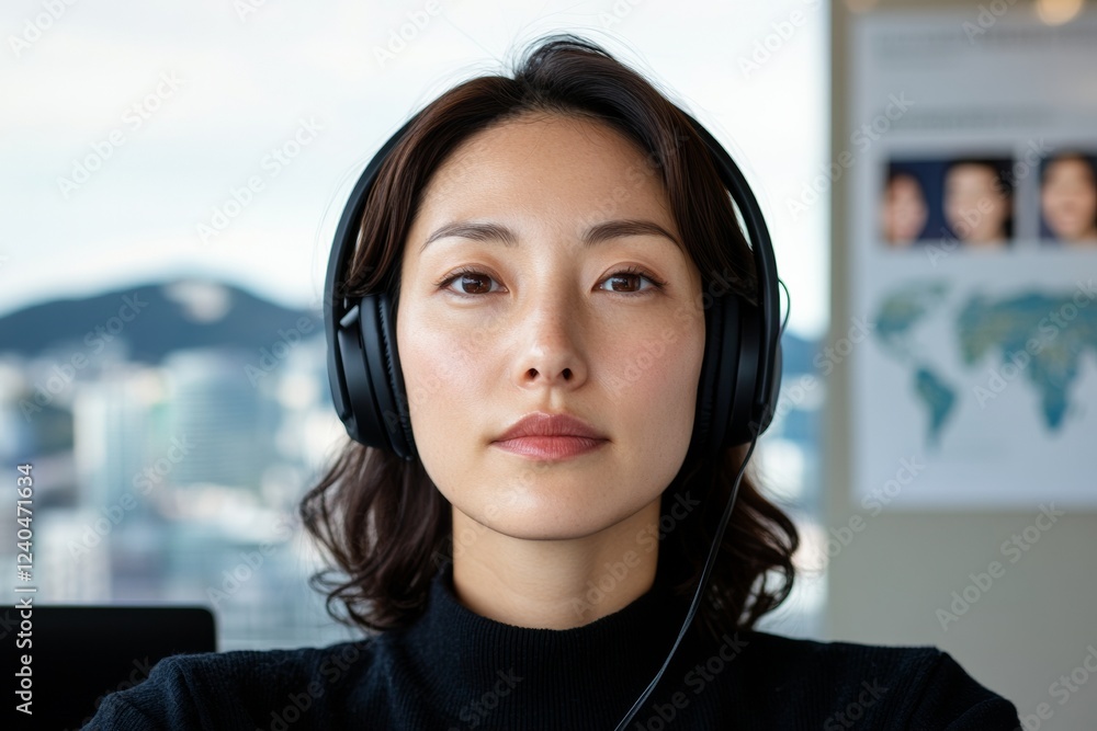 Poster modern cross-cultural team dynamics korean woman engaged in virtual meeting with global interface - 