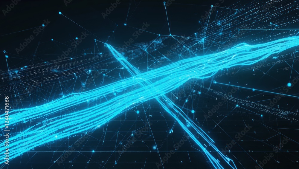 Poster abstract blue data streams intersect, digital network flow, dark background, tech concept