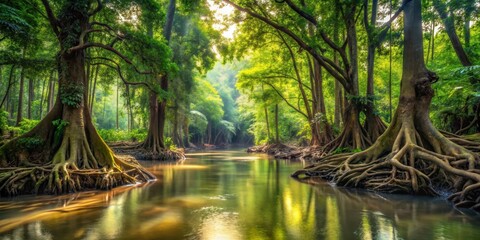 Fototapeta premium Muddy river with lush greenery and tropical plants, surrounded by a forest of tall trees with sprawling roots , sustainable living, green revolution