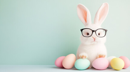 Cute white bunny wearing glasses with colorful Easter eggs on pastel background, perfect for Easter-themed designs, greeting cards, and seasonal promotions