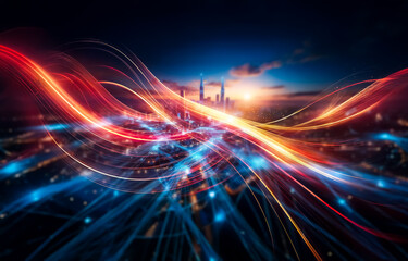 A city skyline illuminated by the setting sun, with glowing blue lines connecting the buildings.