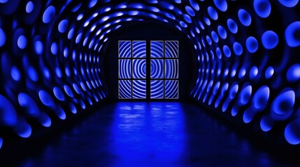 Abstract Blue Tunnel with Circular Window Design