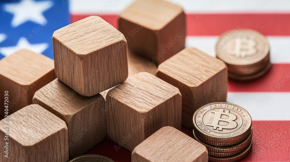 Poster wooden blocks and bitcoin coins on american flag background symbolizing financial growth and investm