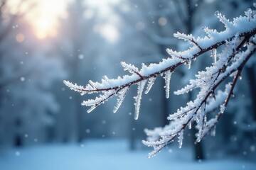 Obraz premium Frozen tree branches with delicate ice crystals, serene, cold