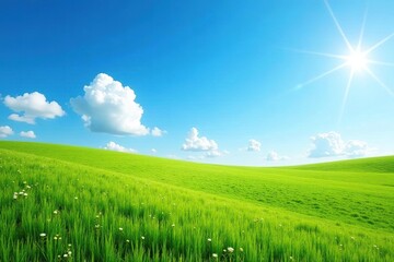 A few thin white clouds drift across the bright blue morning sky, countryside, landscape, blue